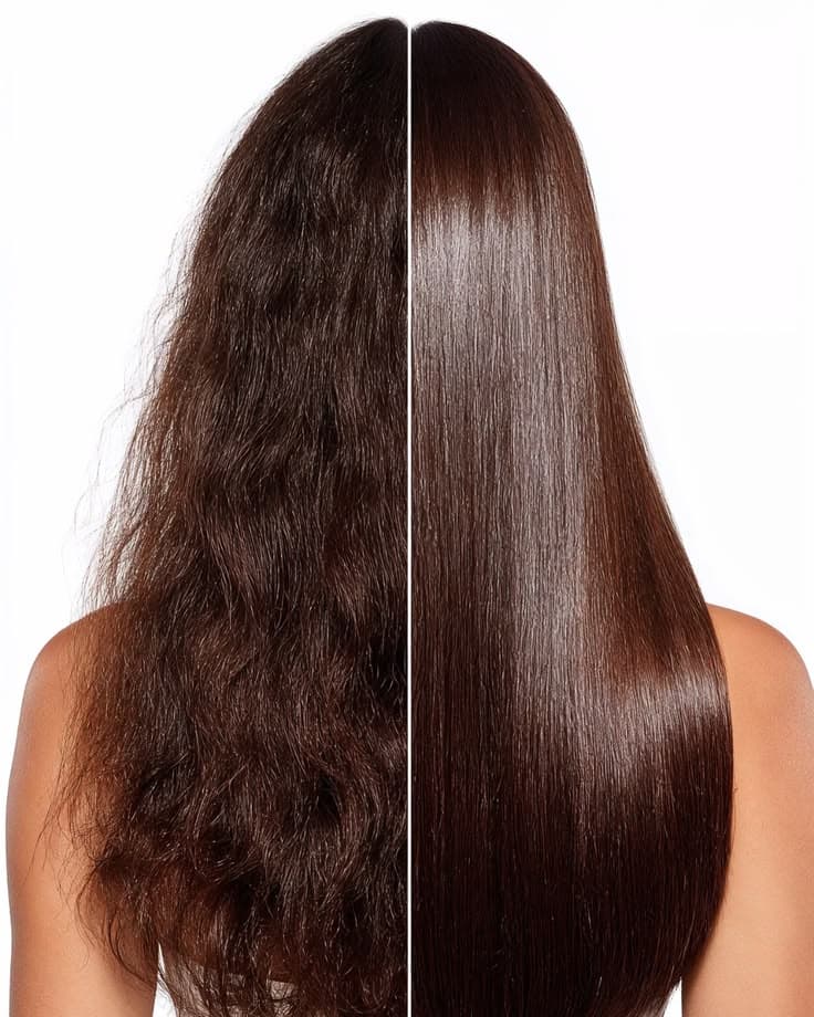 Before and after QIQI Hair Controller — frizzy hair transformed to smooth, straight hair